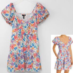 Aqua Floral Puff Sleeve Dress Mini Short Sleeve Blue Pink Green White Size Small